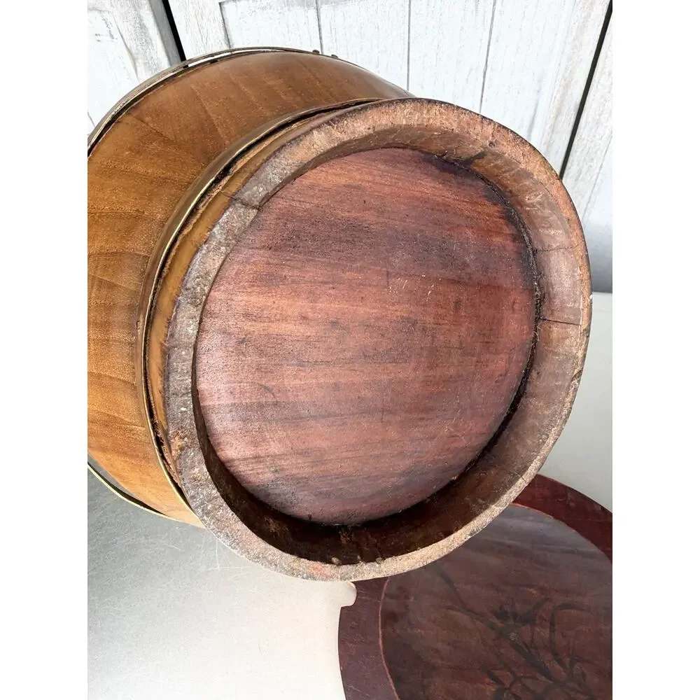 Antique Chinese Wooden Wedding Basket Handle And Lid Wood Asian Decor VTG